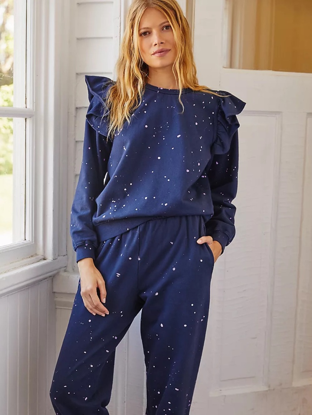 Clare V. Paint-Splattered Ruffled Pullover Navy Blue Size Small